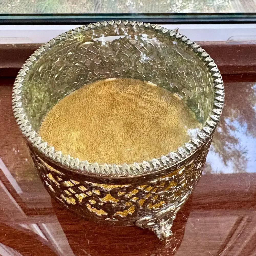 Vintage Gold Filigree Jewelry Casket Footed Trinket Box with Glass Lid